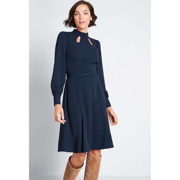 Modcloth Navy Keyhole Midi Dress Sophisticated Demure Wedding Guest Career 10 - Picture 1 of 8